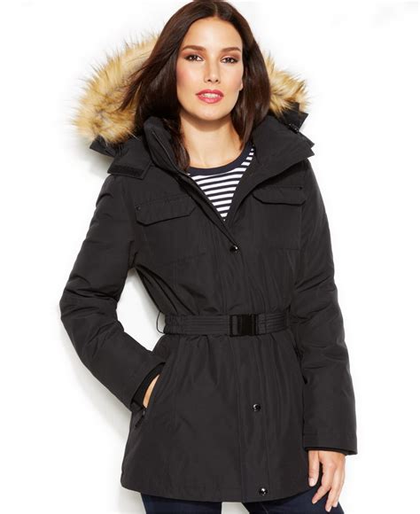 michael michael kors faux fur-trimmed belted parka|michael kors hooded faux fur trim quilted belted puffer coat.